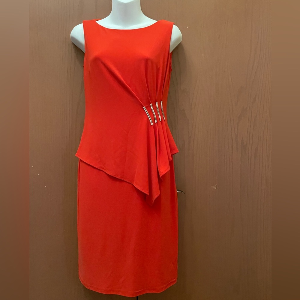 Joseph Ribkoff Size 4 Red Sleeveless dress with four rows of crystals. A Beauty!